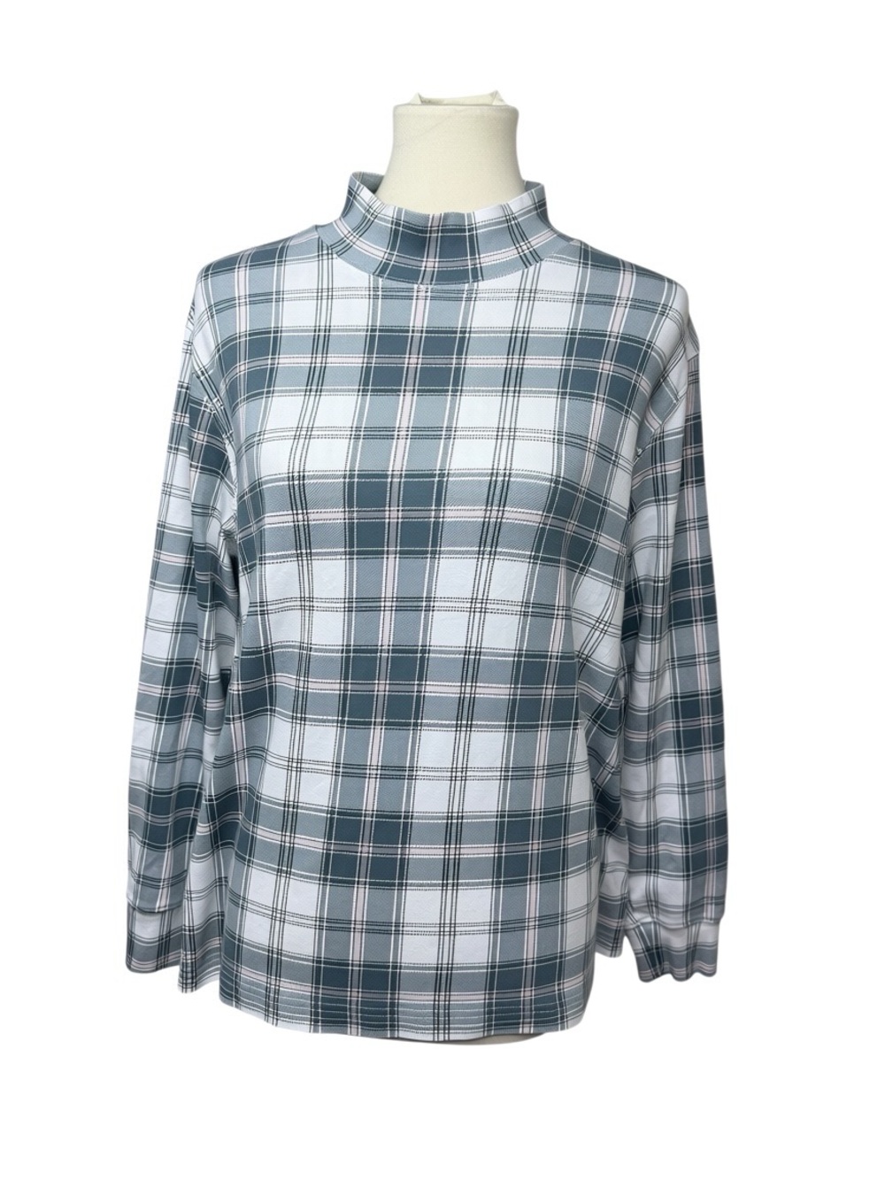 Lands’ End XL Petite Gray Pink Plaid Cotton Mock Neck Long Sleeve Top